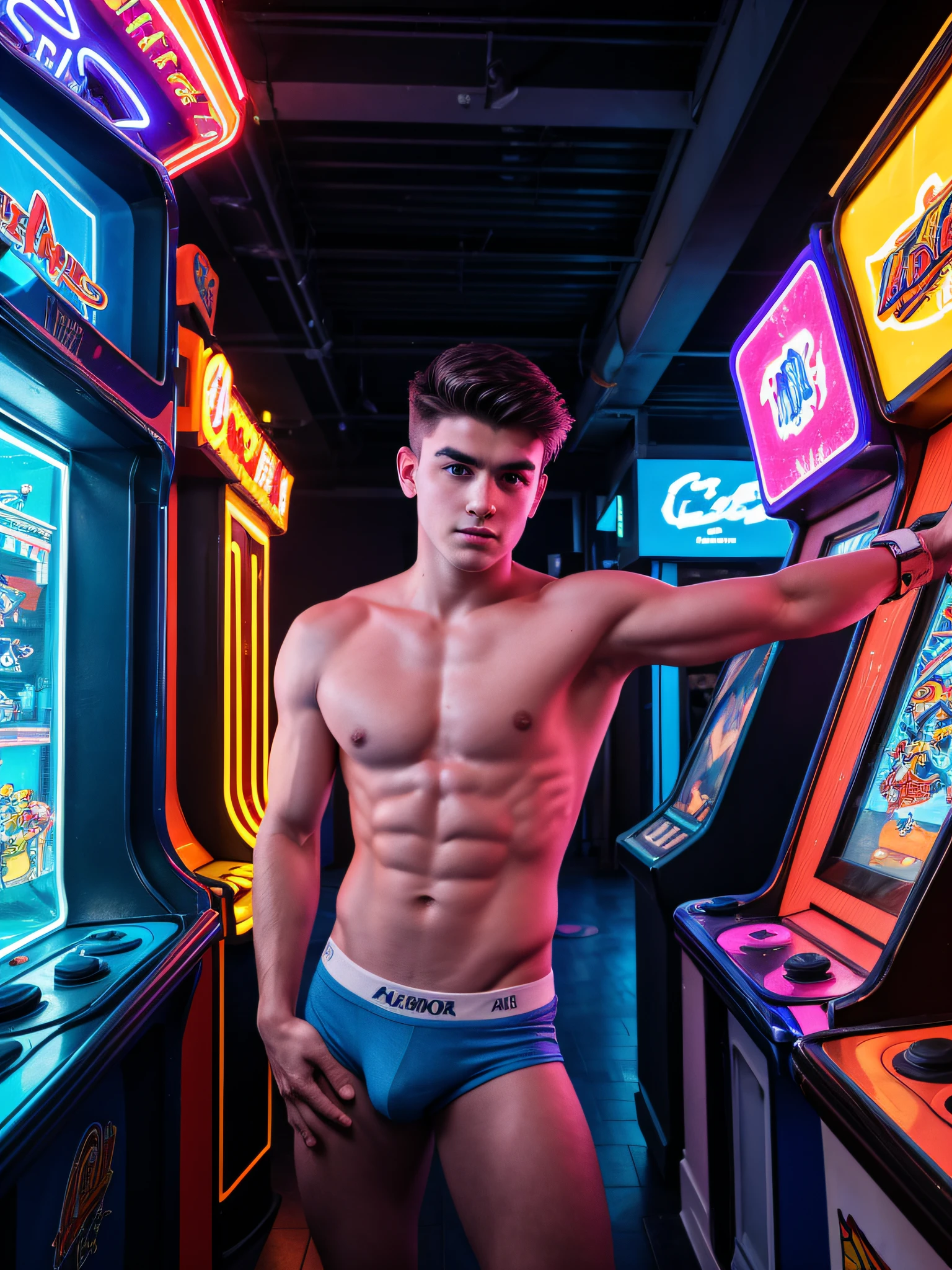 A boy in an arcade playing at an arcade machine, wearing only jockstrap underwear with a bulge. The boy is cute and young, around 18 years old, with a slim body. Medium: A masterpiece with a photorealistic style, designed to be displayed in 4k or 8k resolution for the best quality and high detail. The focus is on capturing every realistic detail of the scene. Additional details: The arcade is filled with vibrant, neon-colored lights and flashing screens. The boys is leaning against an arcade machine and posing with arms above his head. The boy is fully immersed in the game, his eyes fixated on the screen, brows furrowed in concentration, and hands gripping the joystick and buttons. In the background, there are other boys in underwear enjoying the arcade, adding a sense of liveliness to the scene. Artistic style: The artwork should capture the essence of a classic arcade setting, with a nostalgic touch. It should combine elements of realism and vibrant colors to bring the scene to life. Color palette: The color palette should be vibrant and showcase the neon lights of the arcade. Bright and contrasting colors will enhance the energetic atmosphere of the scene. Use a mix of blues, purples, pinks, and greens to recreate the arcade's signature ambiance. Lighting: The scene should have a strong emphasis on the lighting to enhance the neon glow of the arcade. Use realistic lighting techniques to create highlights and shadows, emphasizing the glow of the screens and the arcade machines.