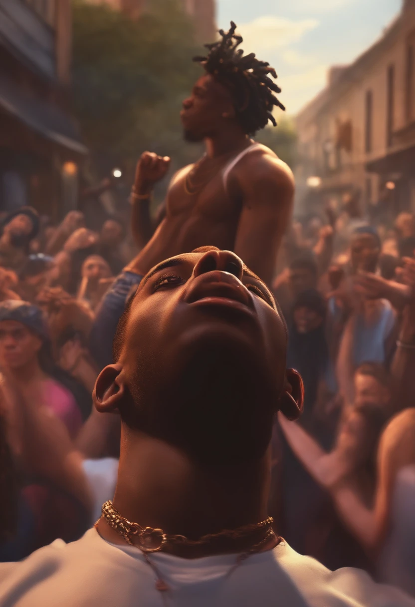 Character: Black Rapper, Teen, Skinny, Man Rapping To Crowd, Shirtless, Hair, Braid