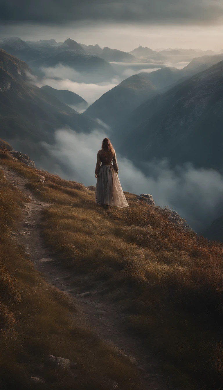 there is a woman standing on a path in the mountains, a detailed matte painting, fantasy art, a wanderer on a mountain, wanderer above the sea of fog, cinematic matte art, wallpaper 4k, elegant cinematic fantasy art, epic dreamlike fantasy landscape