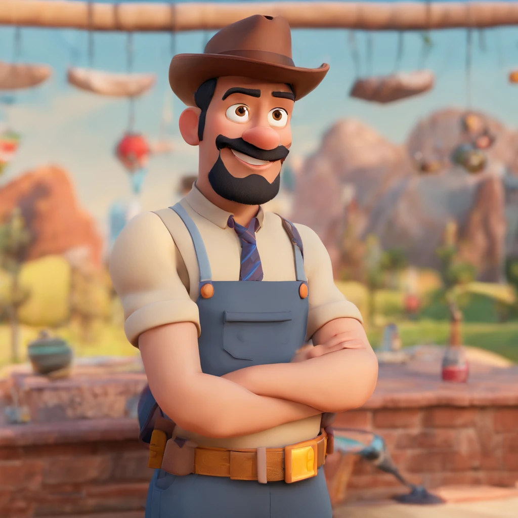 Criar um personagem no estilo Pixar. Trata-se de um homem moreno de 38 anos, cabelo preto curto, sem barba, brown eyes and medium nose thinking 90 kilos.