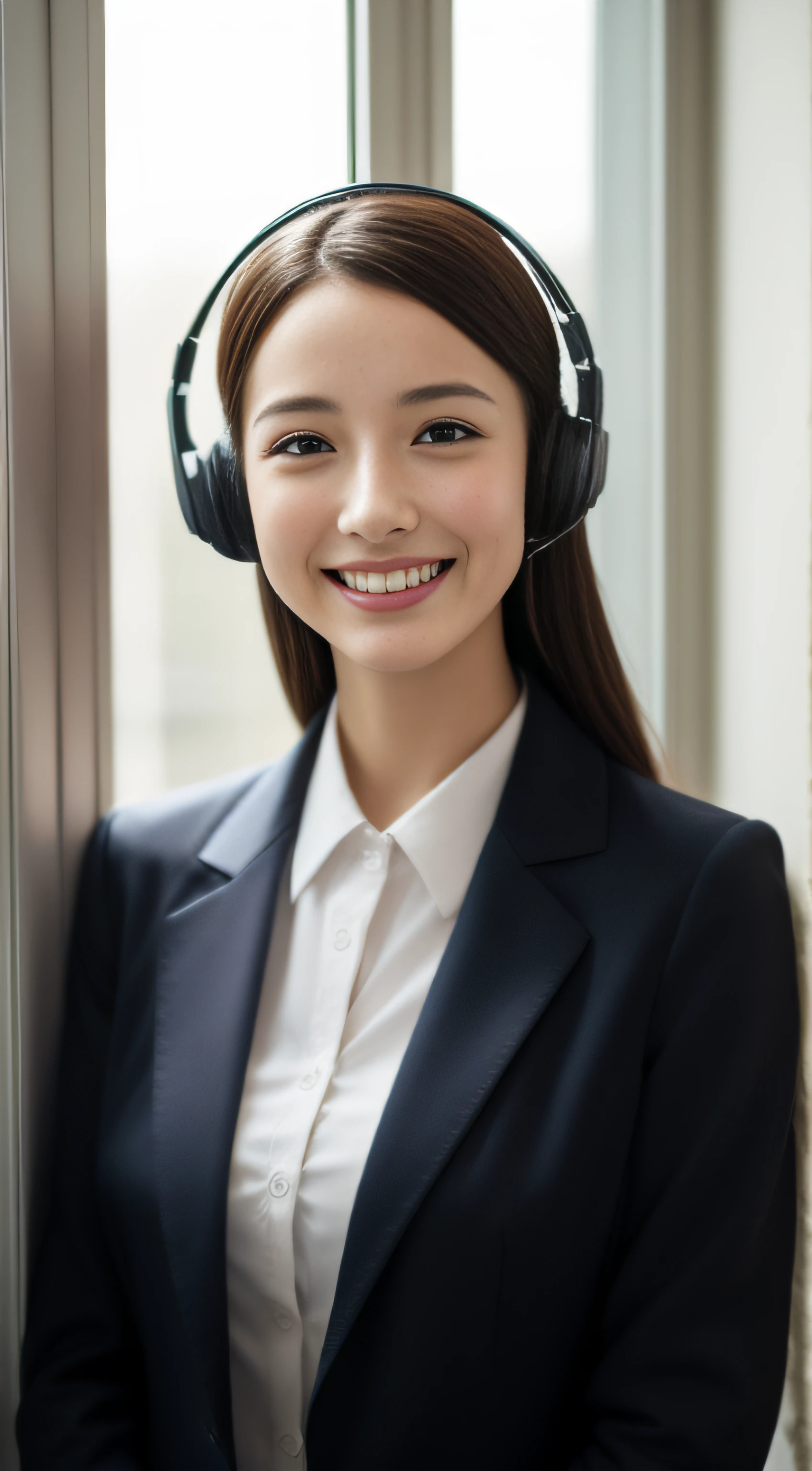 The face is a hostess、Wearing a headset、business jacket、hiquality、A hyper-realistic、healthy、Smiling expression、Slender perfect figure、Japan beauties、beautidful eyes、face perfect、Beautiful skin、by the window