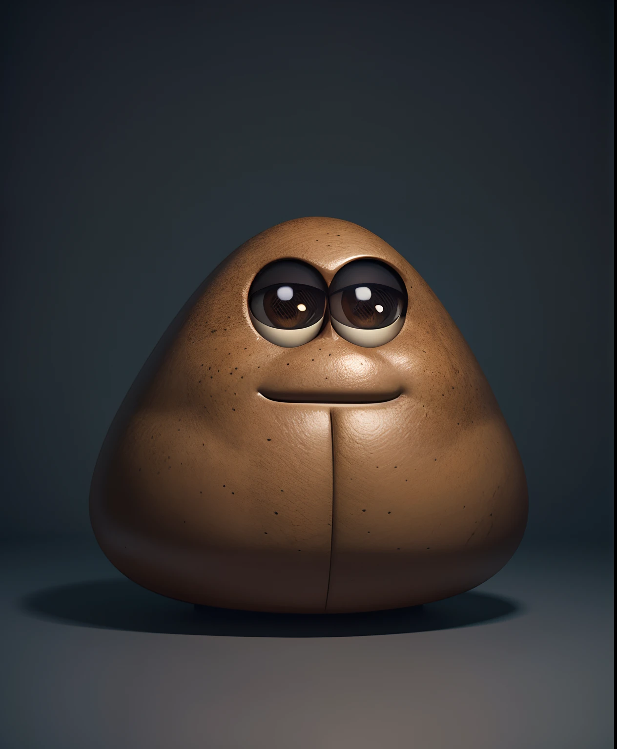 Pou character, brown texture skin body, detailed texture, 3d , unreal engine 5, white eye with black pupil, realistic Pou character, white room background