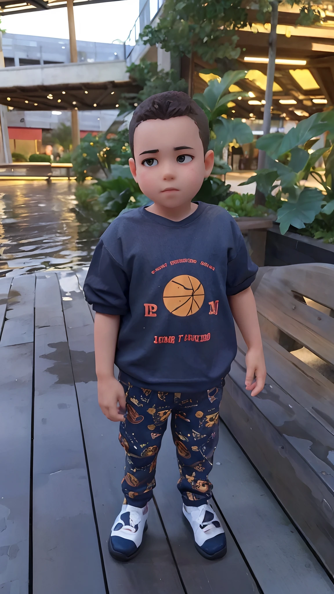 A imagem mostra um menino sentado em um banco de madeira, which is located near a fence. The boy is wearing a black shirt and appears to be looking at the camera. The bench is positioned in the middle of the scene, com a cerca estendendo-se para os lados esquerdo e direito da imagem. The boy's posture and the presence of the bench suggest that this could be a park or a similar outdoor environment.Gere essa imagem no estilo de anima