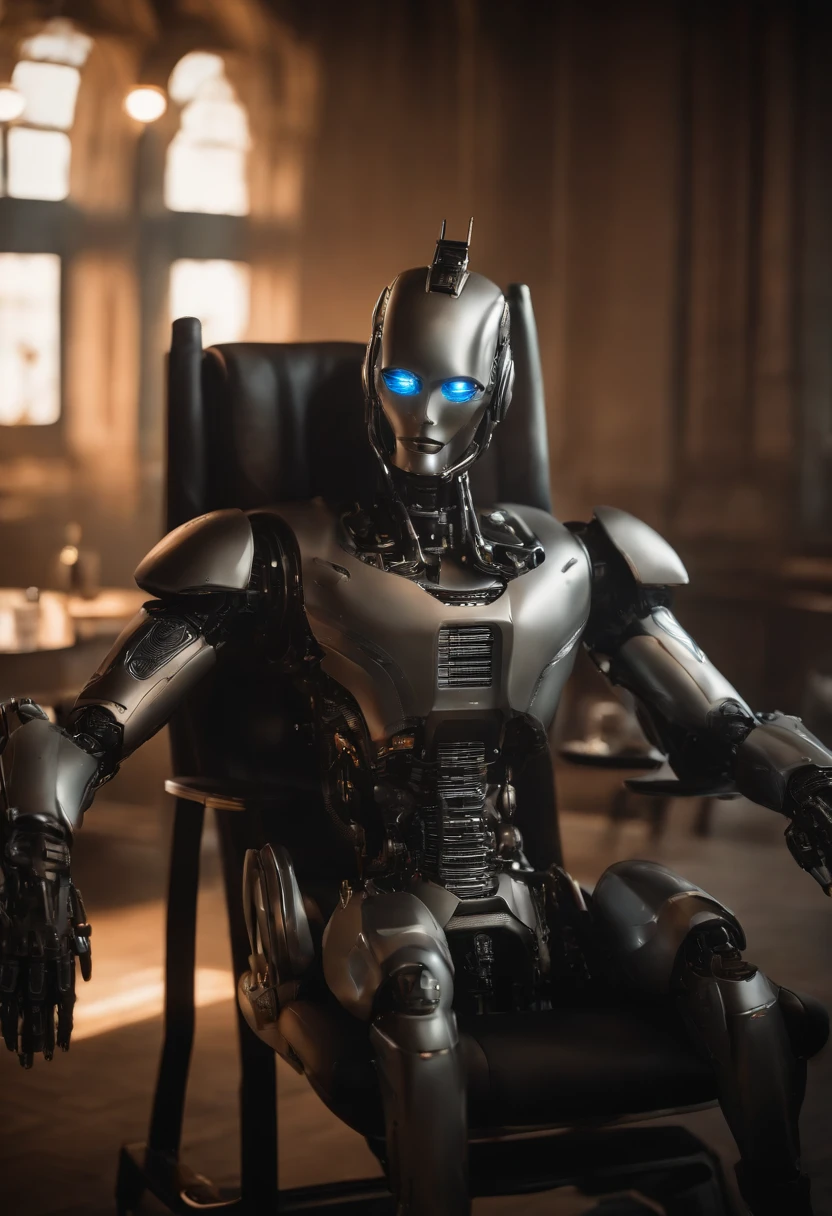 Araffe, a robot sitting in a chair with a cup of coffee, CGSetnation ), CGSetalidade 9, filme ainda de um ciborgue, foto de alita, CGSsociety, highes definition, Still from a movie of a cyborg villain, CGSetalency UHD altamente detalhado 4K, foto do filme ciborgue, filme de um cool, Cybernate, Ciborgue altamente detalhado