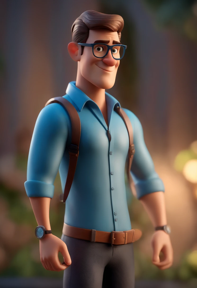 Cartoon character of a man wearing black glasses and a blue shirt, um personagem animado, Caractere estilizado, animation style rendering, 3D estilizado, Arnold Maya render, 3 d render stylized, toon render keyshot, Personagem 3D, Personagem 3D, 3d rendering stylized, 3 d character render, personagem de desenho animado, Personagem de close up, Pose de personagem, (Estilo Pixar) (master part:1.2) (Bokeh) (best quality) (pele detalhada) (textura detalhada) (8k) (argila) (Cinematic lighting) (foco nítido,Senta e vaza a parte superior do corpo
