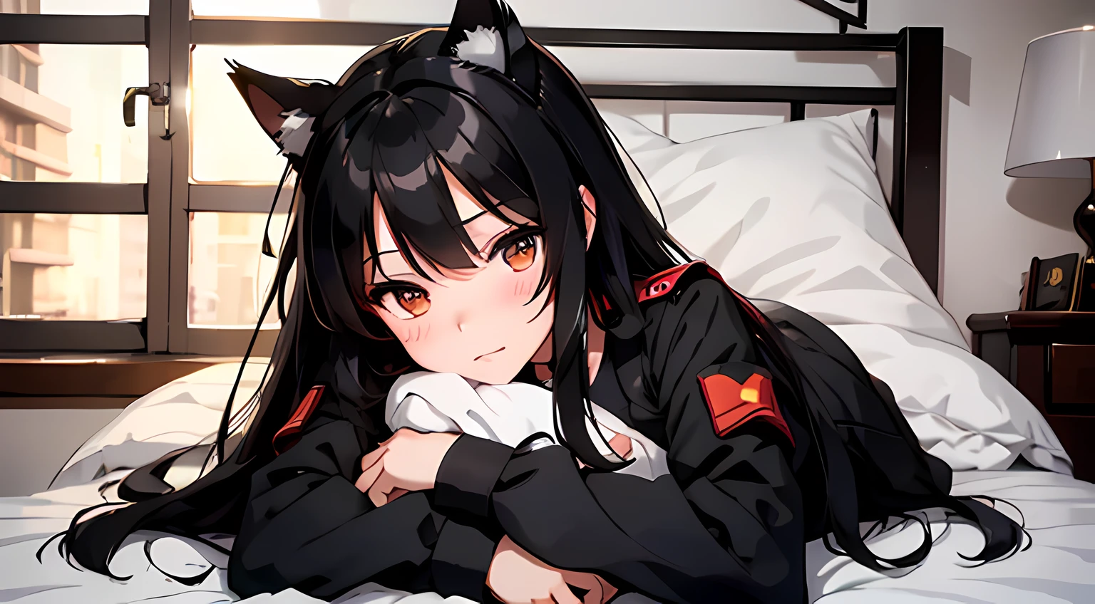 girl with cat ears, long black hair, sleeping in bed, wearing military uniform, shy expression, blush on her face, lying in bed, night time