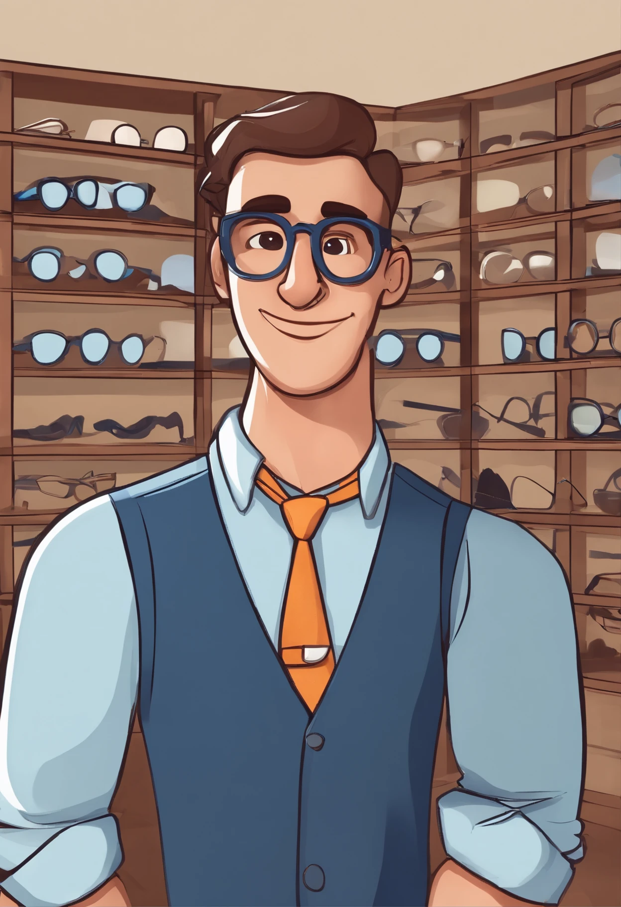 Cartoon character of a man working with eyeglass frames in an eyeglass shop, camisa azul, Working in an eyewear store with eyeglass side shelves, on the character's shirt a badge with the name BRUNO GLASSES. animation character, Caractere estilizado, animation style rendering, 3D estilizado, Arnold Maya render, 3 d render stylized, toon render keyshot, Personagem 3D, Personagem 3D, 3d rendering stylized, 3 d character render, personagem de desenho animado, Personagem de close up, Pose de personagem, (Estilo Pixar) (master part:1.2) (Bokeh) (best quality) (pele detalhada) (textura detalhada) (8k) (argila) (Cinematic lighting) (foco nítido