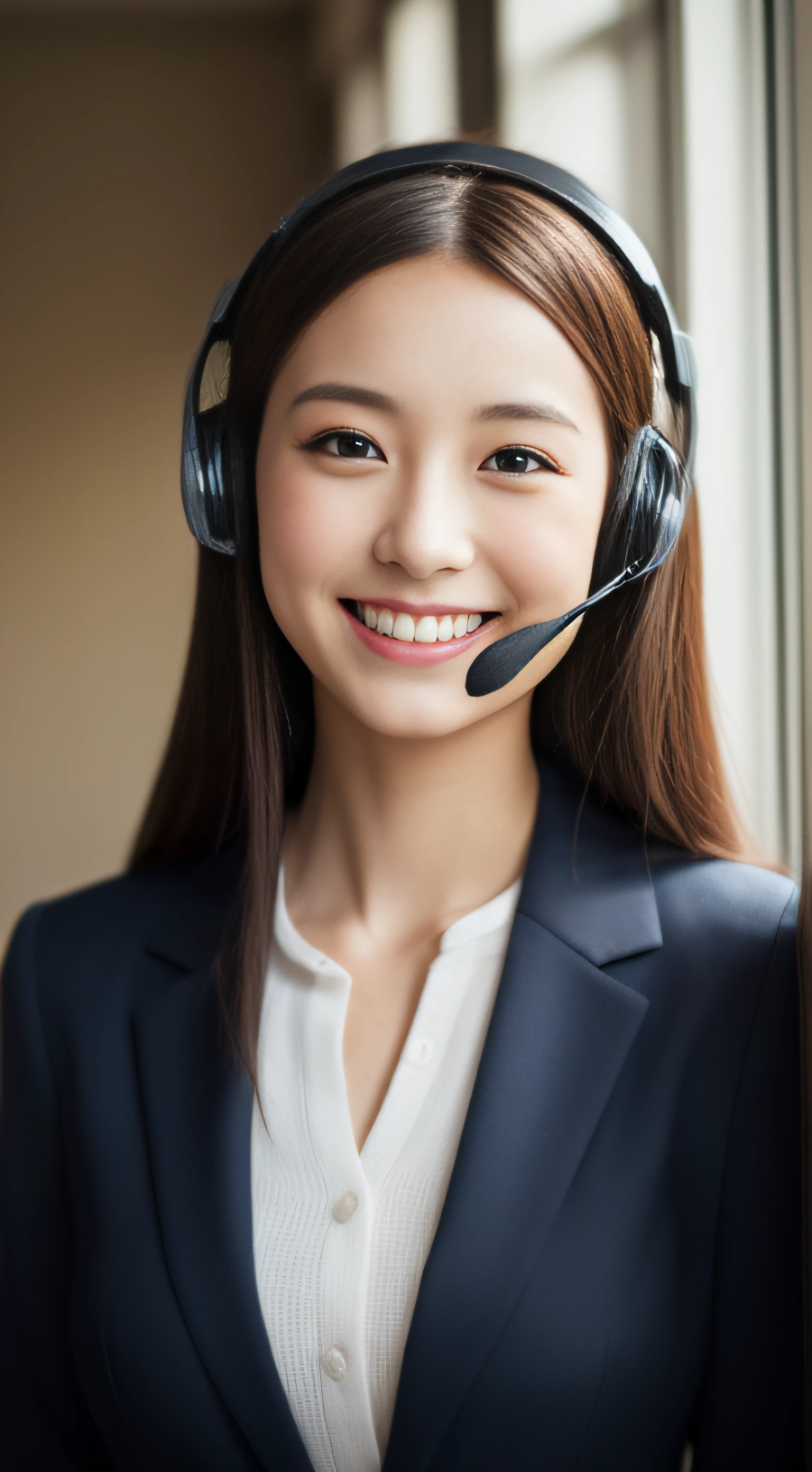 The face is a hostess、Wearing a headset、business jacket、hiquality、A hyper-realistic、healthy、Smiling expression、Slender perfect figure、Japan beauties、beautidful eyes、face perfect、Beautiful skin、by the window