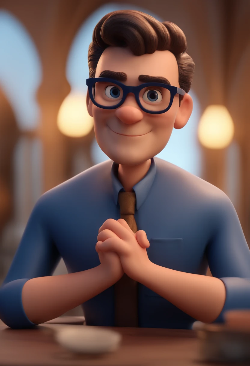 Cartoon character of a man with black glasses and a blue shirt, animation character, Caractere estilizado, animation style rendering, 3D estilizado, Arnold Maya render, 3 d render stylized, toon render keyshot, Personagem 3D, Personagem 3D, 3d rendering stylized, 3 d character render, personagem de desenho animado, Personagem de close up, Pose de personagem,  (Estilo Pixar) (master part:1.2) (Bokeh) (best quality) (pele detalhada) (textura detalhada) (8k) (argila) (Cinematic lighting) (foco nítido