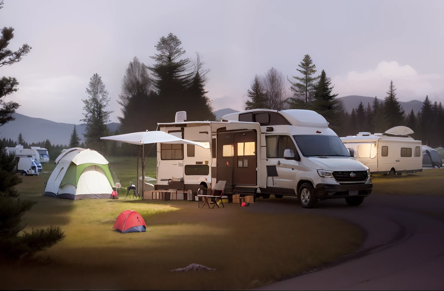 Close-up of a camper parked in a field near a forest, camping, glamping, luxurious environment, Chiba Yuda, LuxuryLifestyle, Next to the RV, in a scenic background,Realistic Unreal Engine's tranquil environment，Car Boot Camp，camp，Car Boot Camp，