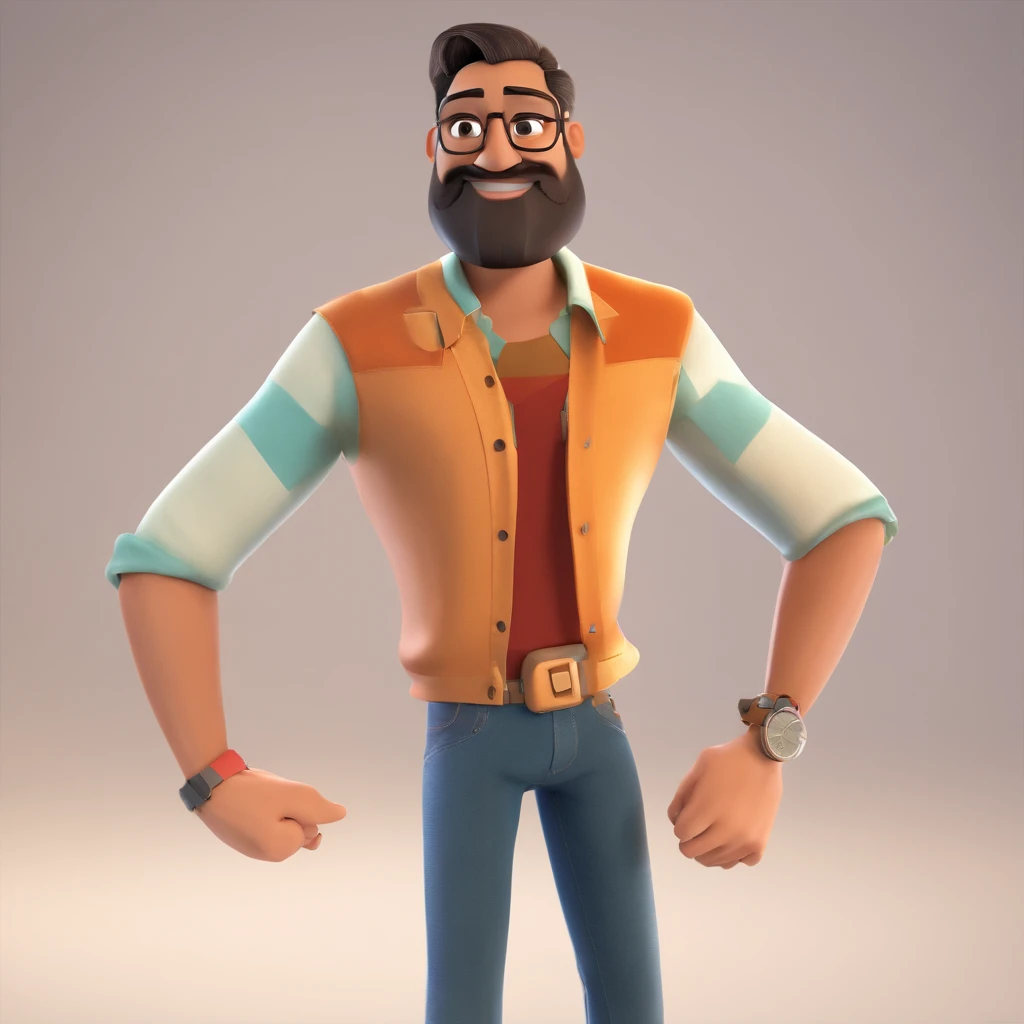 Criar um personagem no estilo Pixar. Trata-se de um homem de 38 anos, medium stature, and average body size, black glasses, cabelos grisalhos de lado, barba embaixo do Queixo e bigode e nariz grande, usa bermuda preta e camisa branca, com uma faixa em diagonal