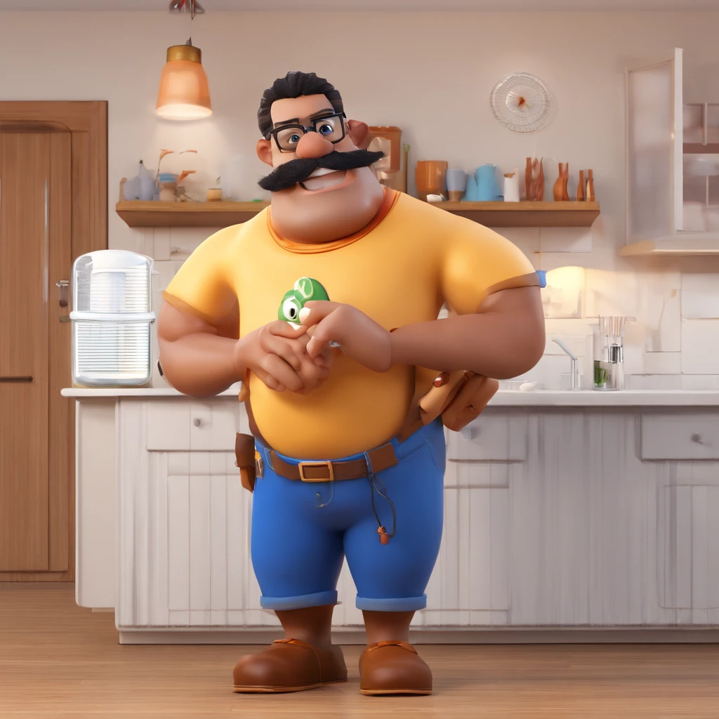 Criar um personagem no estilo Pixar. Trata-se de um homem de 38 anos, medium stature, and average body size, black glasses, cabelos grisalhos de lado, barba embaixo do Queixo e bigode e nariz grande, usa bermuda preta e camisa branca, com uma faixa em diagonal