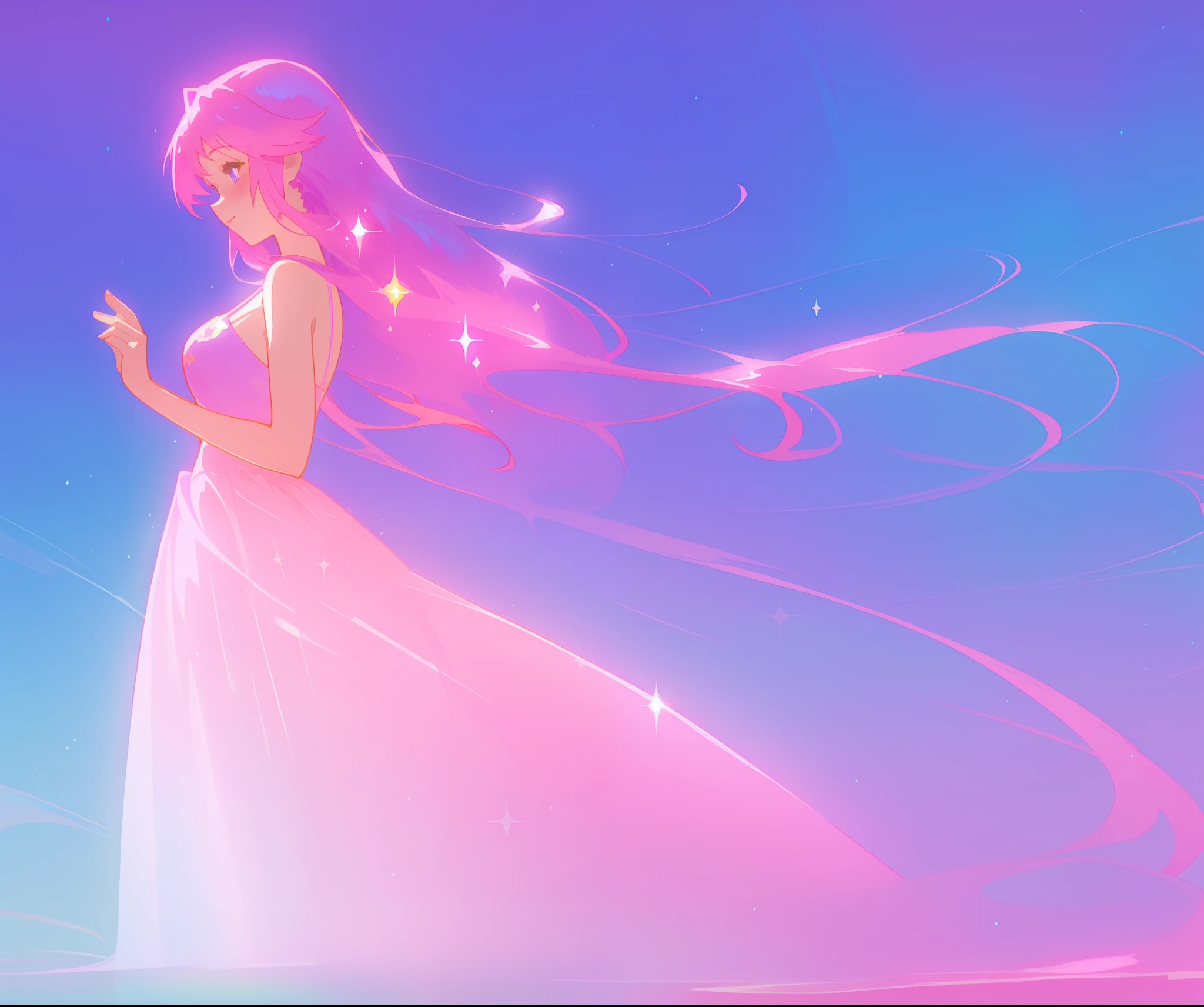 beautiful girl in colorful sparkling flowing ballgown, long flowing purple pink hair, colorful sparkling lights, flowing liquid theme, colorful fantasia background, watercolor illustration, disney art style, glowing aura around her, glowing lights, beautiful digital illustration, fantasia otherworldly landscape plants flowers, beautiful, masterpiece, best quality, anime disney style