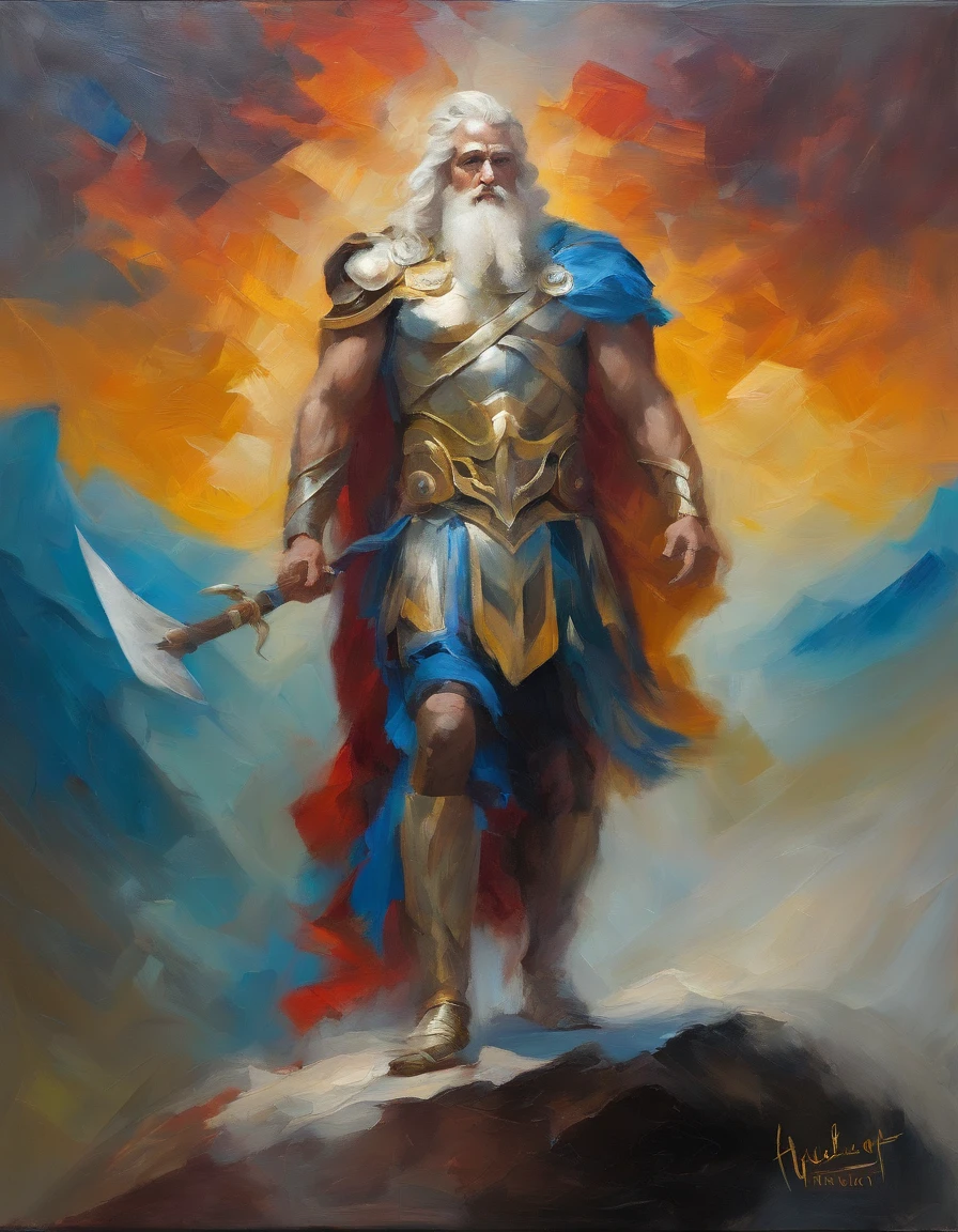 Zeus, God of thunder, shining armor, thunder eyes, mountain
