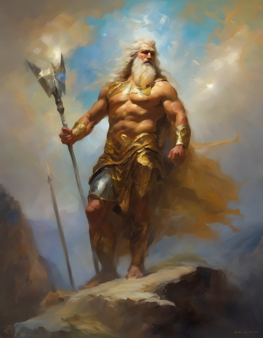 Zeus, God of thunder, shining armor, thunder eyes, mountain