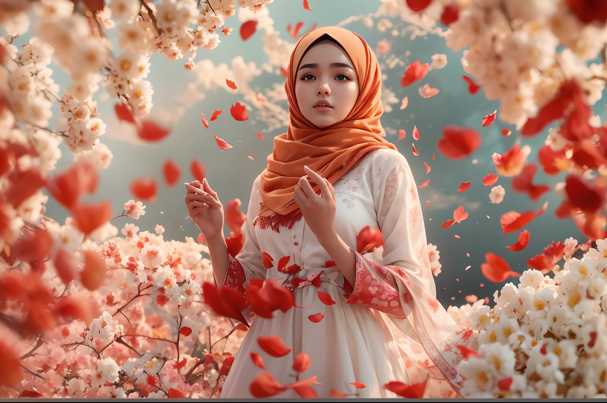 a beautiful malay young woman in hijab, is standing with large popcorn mix with red flower explosion in the background, popcorn and flower petal flying in the air, in the style of mid sommar, fanciful, natural landscape , dreamlike imagery, captivating documentary photos, flowing fabrics, disintegrated, intricate style raw, in the style of Grand Budapest Hotel directed by Wes Anderson , low saturation, Super 8mm lens, Low angle shot, High Contrast cinematography effect, Natural Lighting, Desaturate color grading, high quality, ultra detail, 8k resolution,