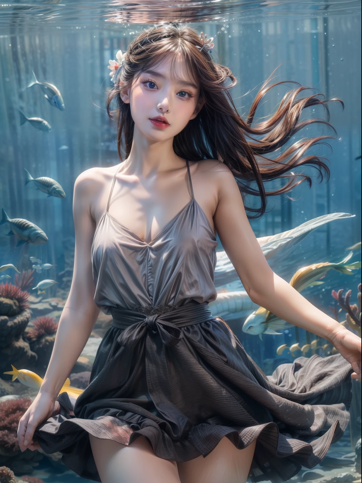 (best quality,4k,8k,highres,masterpiece:1.2),ultra-detailed,(realistic,photorealistic,photo-realistic:1.37),beautiful detailed eyes,beautiful detailed lips,extremely detailed eyes and face,longeyelashes,goddess,panoramic view,underwater scenery,ethereal,serene,mermaid,crystal clear water,sunlight filtering through the waves,coral reefs,shoals of colorful fish,dancing seaweed,waving jellyfish,sandy seabed,glimmering seashells,silver scales,flowing hair,white flowing gown,graceful pose,subtle glow,translucent fins,sparkling treasure in her hands,fading sunlight in the horizon,calm and peaceful ambiance