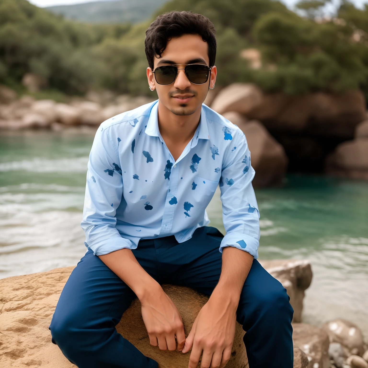 arafed man sitting on a rock wearing sunglasses and a blue shirt, with a cool pose, stylish pose, candid picture, cool pose, very artistic pose, full body photogenic shot, * colour splash *, very cool pose, very very low quality picture, around 1 9 years old, casual pose, ayan nag, facebook profile picture, photo taken in 2 0 2 0