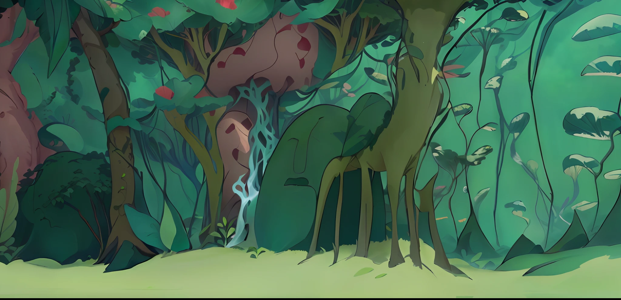 cartoon of a forest with a lot of different animals in it, alien forest in background, forestpunk background, forrest background, elf forest background, background art, background artwork, animated episode still, anime lush john 8k woods, forest backdrop, overgrown with shiny blobs, strange alien forest, forest in the background, magical forest background, forest in background