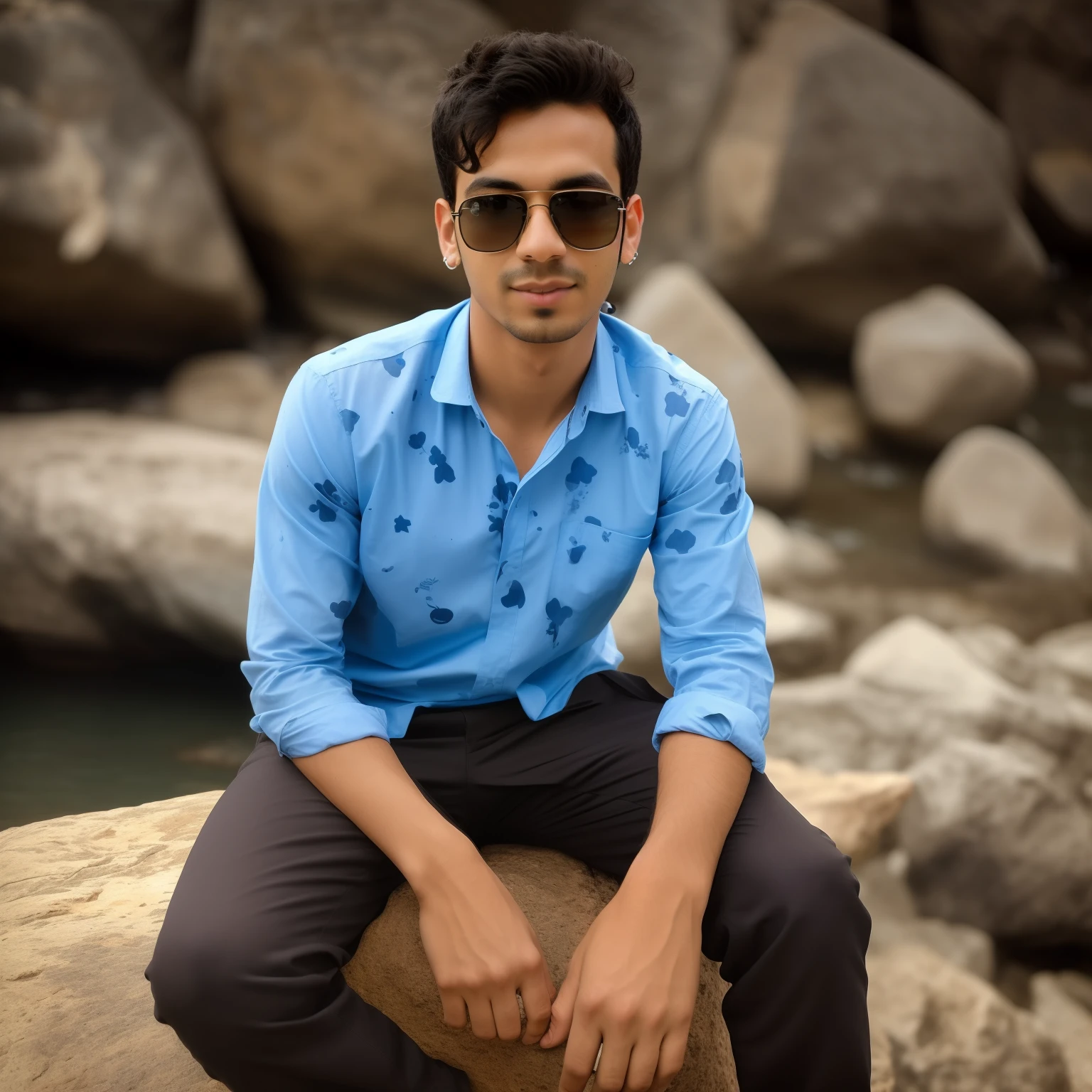 arafed man sitting on a rock wearing sunglasses and a blue shirt, with a cool pose, stylish pose, candid picture, cool pose, very artistic pose, full body photogenic shot, colour splash , very cool pose, very very low quality picture, around 1 9 years , casual pose, ayan nag, facebook profile picture, photo taken in 2 0 2 0