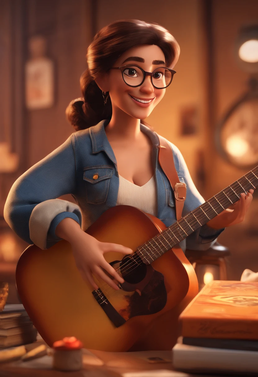 There's a woman holding a guitar and smiling at the camera, holding a guitar, holding a lute, with a happy expression, masterful composition, cabelos curtos ondulados, Square glasses and brown skin, album cape!,  esta cena de uma perspectiva emDesenvolva esta arte em Full HD, Focus on your cinematic touch, Estilo Disney Pixar Animations