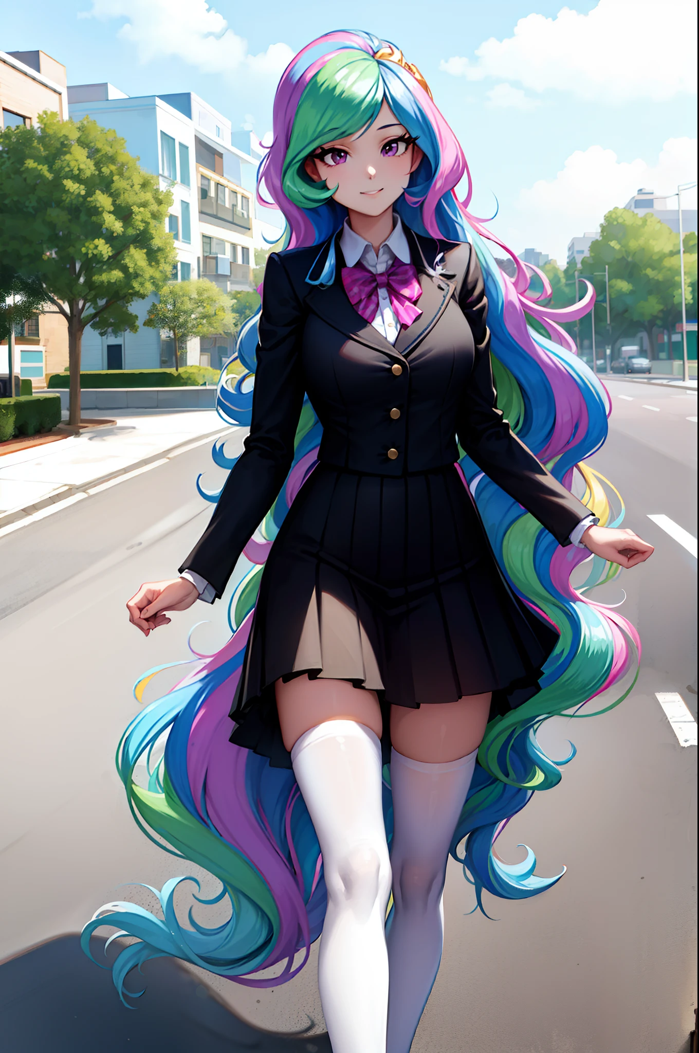 (from front), walking princess_celestia wearing a black school uniform, looking away, scene is city street, masterpiece, best quality