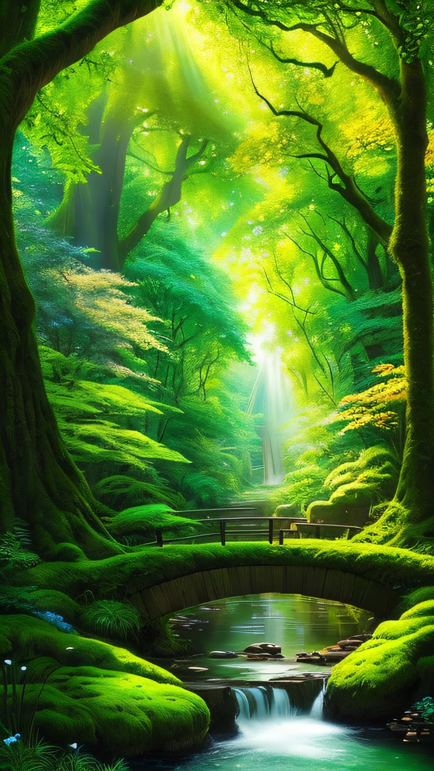 The Enchanted Forest
A captivating scene of an enchanted forest, where the sunlight filters through the dense canopy of ancient trees, creating a magical play of light and shadow. The forest is teeming with vibrant and otherworldly flora, with flowers of every color imaginable blooming in abundance. Moss-covered rocks and fallen logs add to the enchanting atmosphere, while gentle whispers of the wind and the distant sound of a babbling brook create a serene and mystical ambiance. The scene is brought to life with meticulous attention to detail, capturing the essence of nature's beauty and the enchantment that lies within.