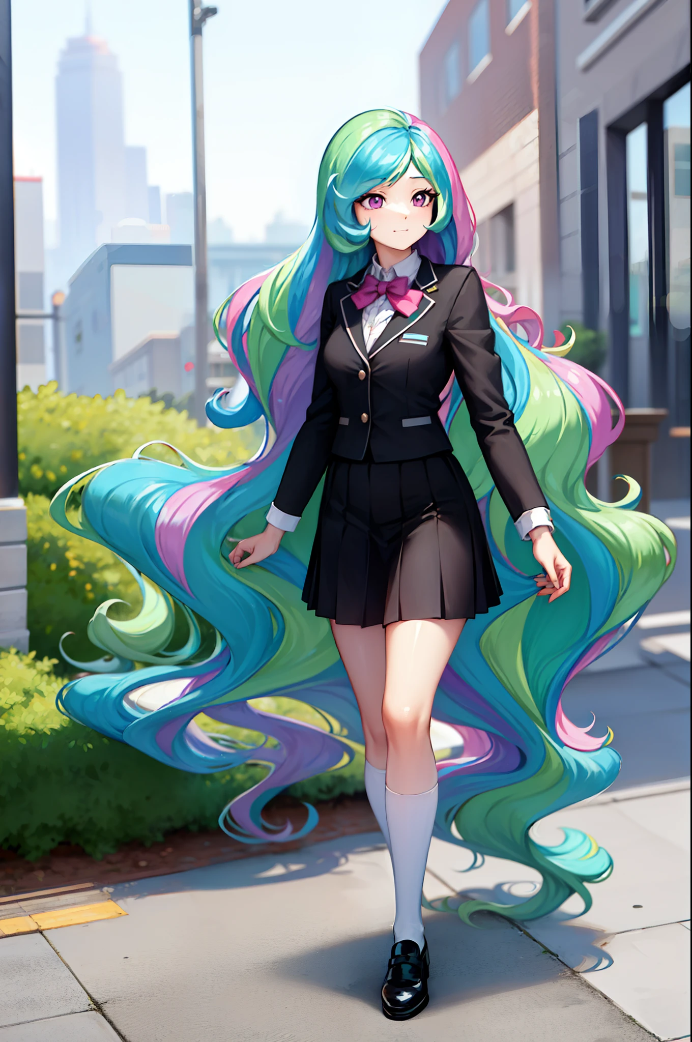 (from front), walking princess_celestia wearing a black school uniform, looking away, scene is city street, masterpiece, best quality