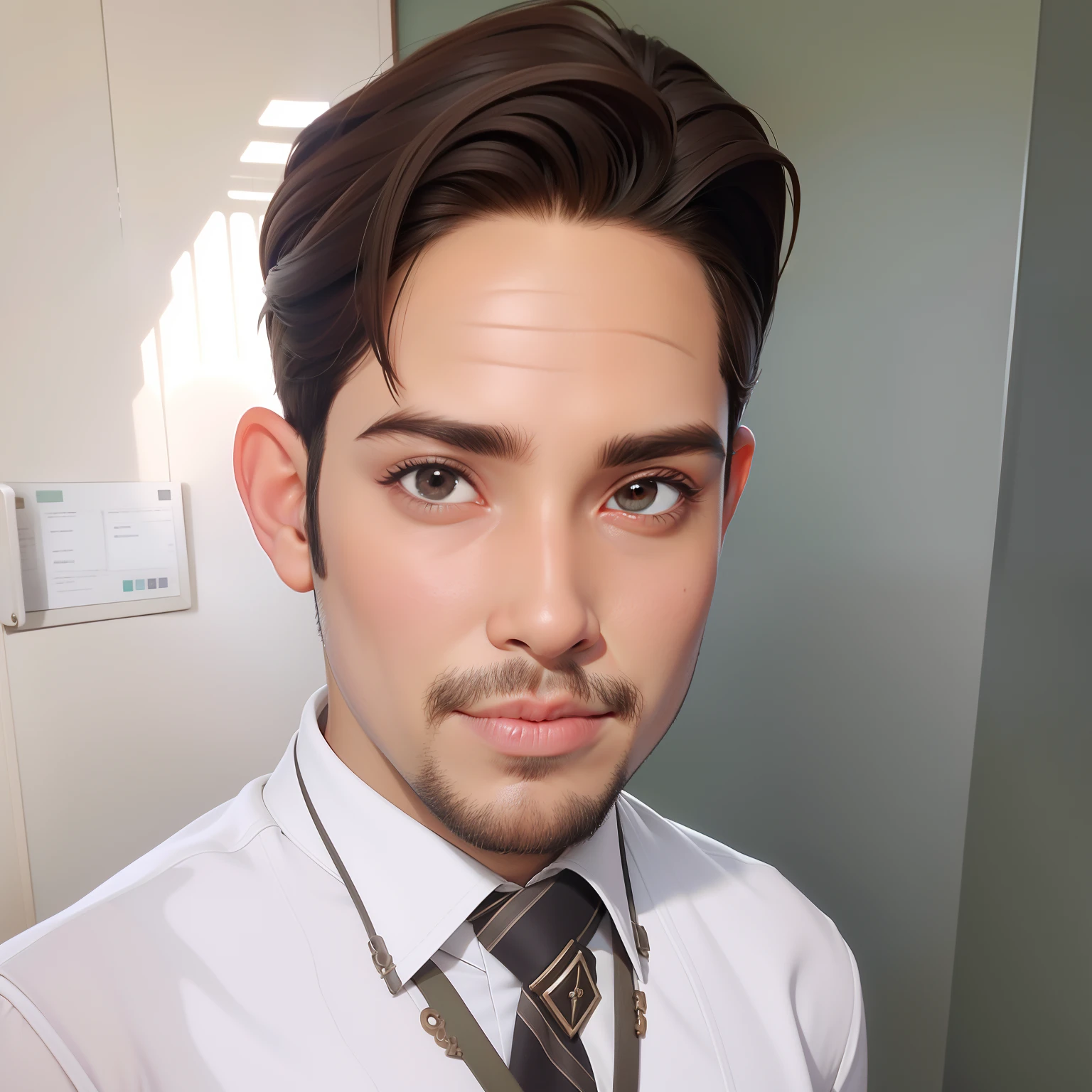 master part, best quality, 1st grade, olhos verdes, pele escura, brown hair, cabelos ondulados, short hair, Brincos, jewelries, pirata, Camisa comprida, fundo simples, sozinho, parte superior do corpo