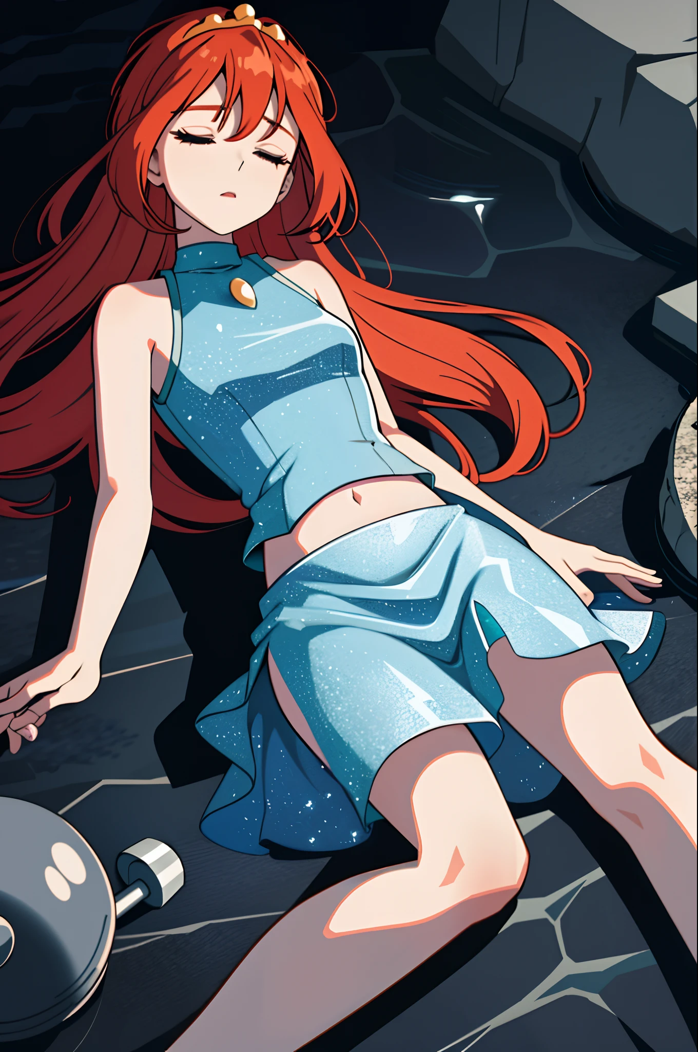 Bloom is lovingly languid and inert on the ground, losing a tough battle in a dark cave. Bloom is powerless to stir in her prone position and unable to breath or open her eyes. Bloom lies inert, battered, and lifeless. (Bloom), (orange hair, blue eyes, bangs, long hair), (fairy outfit), (blue croptop, sleeveless, midriff, short blue skirt, sparkling clothing, fairy wings, tiara, languid on the cave ground), (Bloom languid, prone, listless:1.5) (black background, cave walls, grey rock floor:1.3), (anime style:1.4), (masterpiece:1.2), (Bloom prone on the ground:1.4), (full-body-shot:1),(Cowboy-shot:1.2), red lighting, dark oppressive lighting, (highly detailed:1.2), (detailed face:1.2), (gradients), closed, shut eyes, head on the ground, shallow breathing , (detailed landscape:1.2), (natural lighting:1.2), (dynamic passed out pose:1.2), (solo, one person, 1girl:1.5),