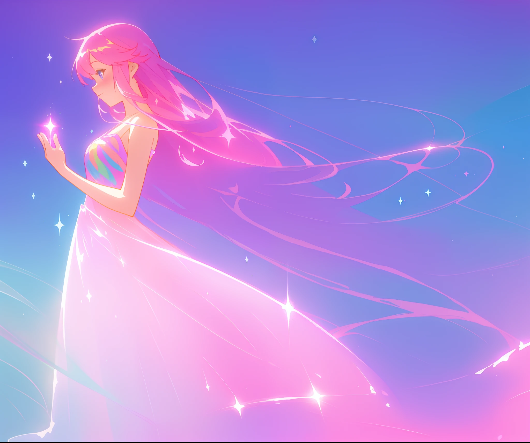 beautiful girl in colorful sparkling flowing ballgown, long flowing purple pink hair, colorful sparkling lights, flowing liquid theme, colorful fantasia background, watercolor illustration, disney art style, glowing aura around her, glowing lights, beautiful digital illustration, fantasia otherworldly landscape plants flowers, beautiful, masterpiece, best quality, anime disney style