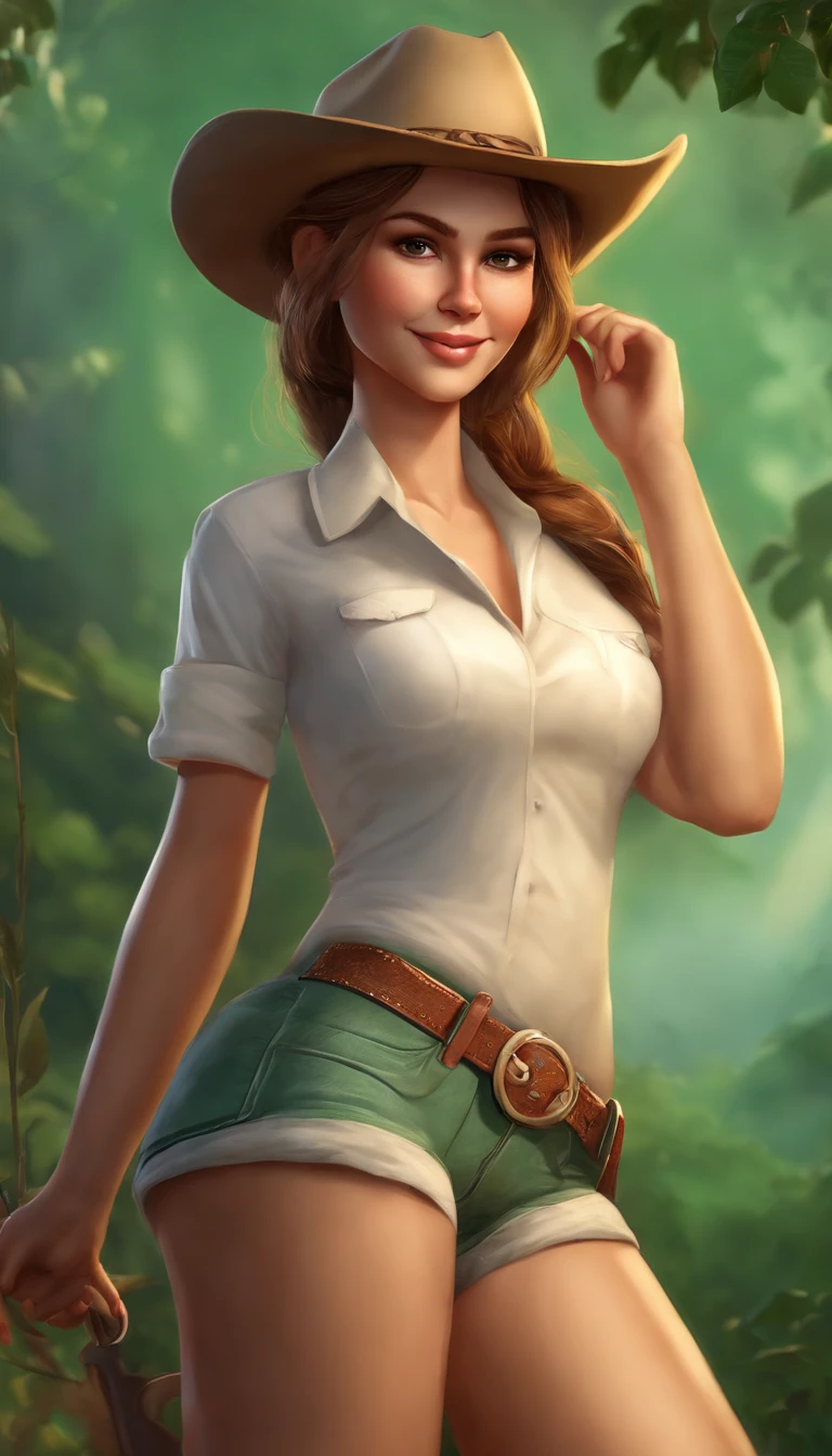 only 1 girl, beautiful, wearing Pantyhose and shorts ,white T-shirt, light brown hair, short ponytail, light smile ,cowboy shot, green background ,masterpiece, anatomically correct, textured skin, super detail, high details, best quality, high quality