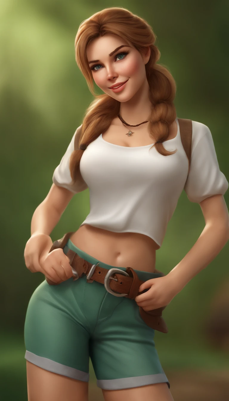 only 1 girl, beautiful, wearing Pantyhose and shorts ,white T-shirt, light brown hair, short ponytail, light smile ,cowboy shot, green background ,masterpiece, anatomically correct, textured skin, super detail, high details, best quality, high quality