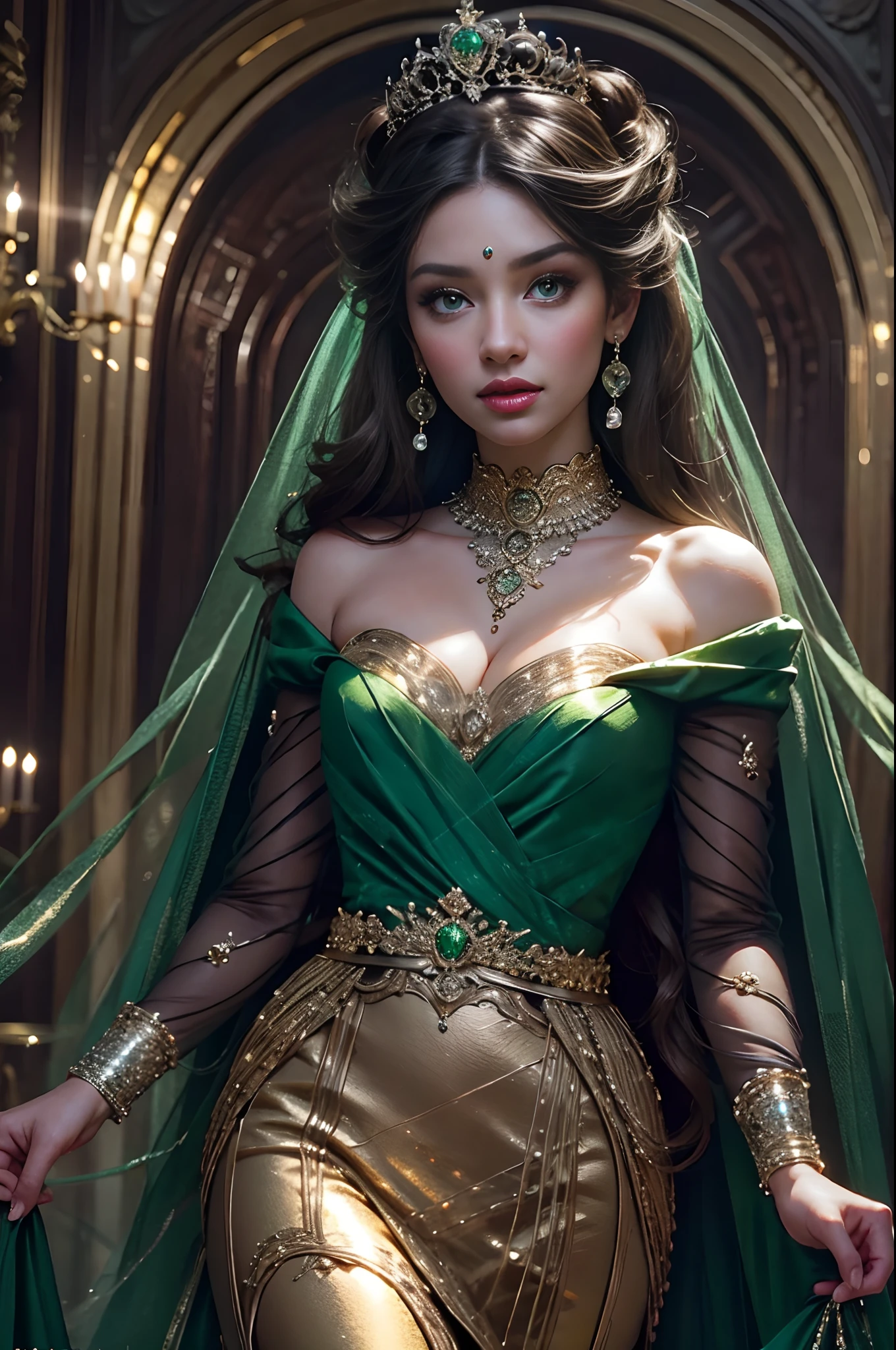 8K ultra hd, masterpiece,1 girl, ((realistic face)), detailed eyes, ((very long hair)), flowing hair, small breasts, royal dress, decorated dress, green dress, anitque jwellery, detailed lacing, flowing cape, bare navel, moon light, amazing night outdoor, spot lights, glowing lights, depth of field, ray tracing, bloom, realistic shadow, tyndal effect, spreding, lights, looking at the audience, attractive pose,