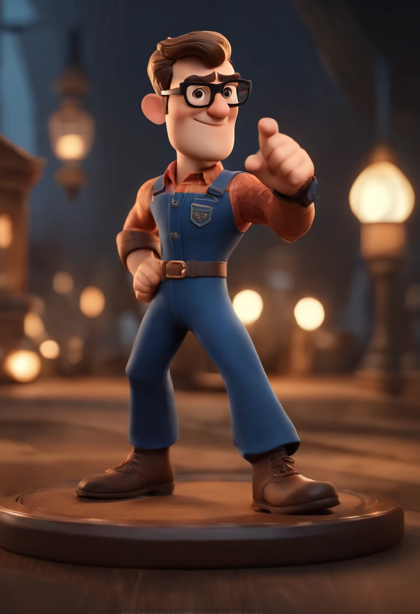 Cartoon character of a man wearing black glasses and a blue shirt, um personagem animado, Caractere estilizado, animation style rendering, 3D estilizado, Arnold Maya render, 3 d render stylized, toon render keyshot, Personagem 3D, Personagem 3D, 3d rendering stylized, 3 d character render, personagem de desenho animado, Personagem de close up, Pose de personagem, (Estilo Pixar) (master part:1.2) (Bokeh) (best quality) (pele detalhada) (textura detalhada) (8k) (argila) (Cinematic lighting) (foco nítido,Senta e vaza a parte superior do corpo