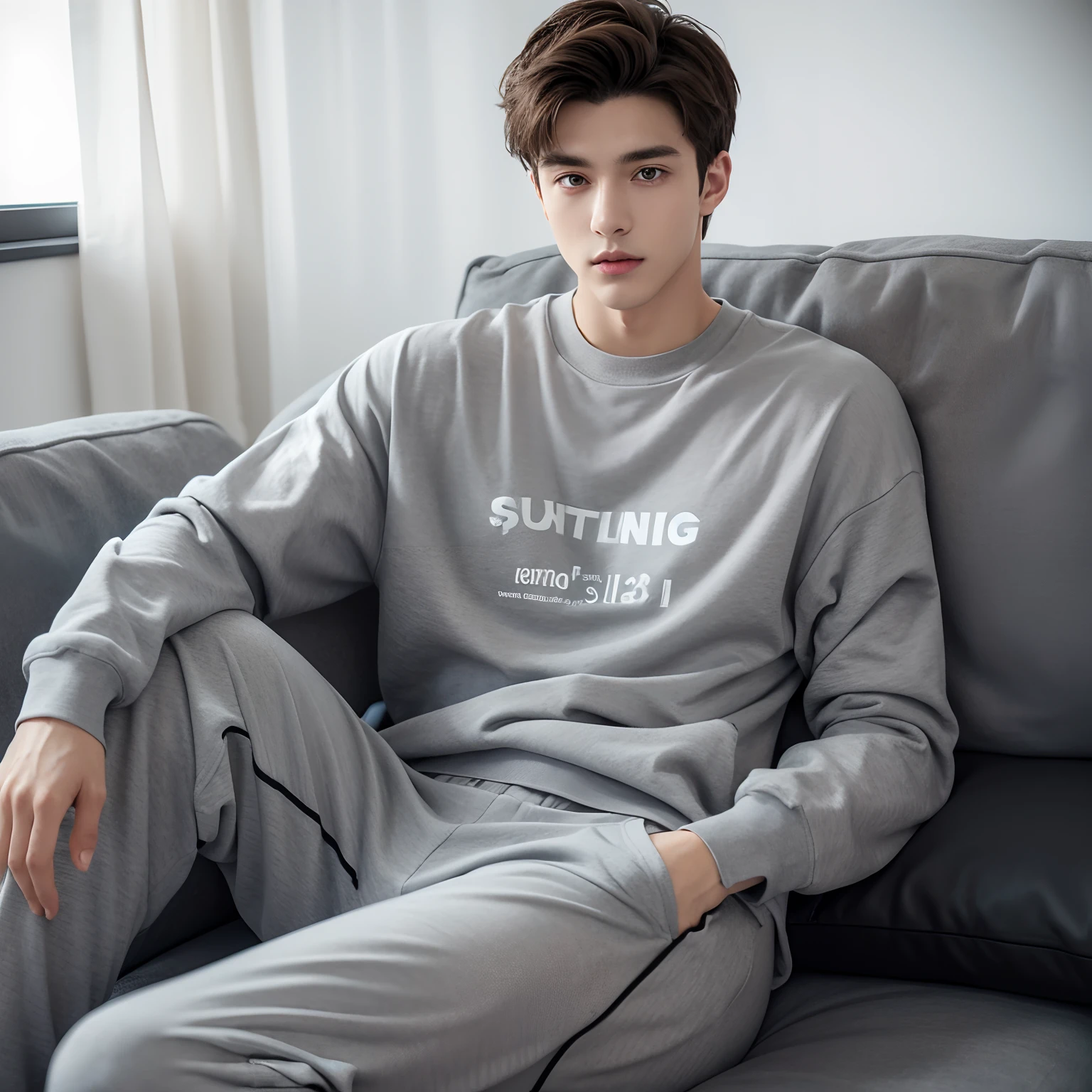 dressed in（Paul's thermal sweatpants），Young man in his 20s，Gray sweatpants Paul logo:1.3. Pay attention to the details of the pants，