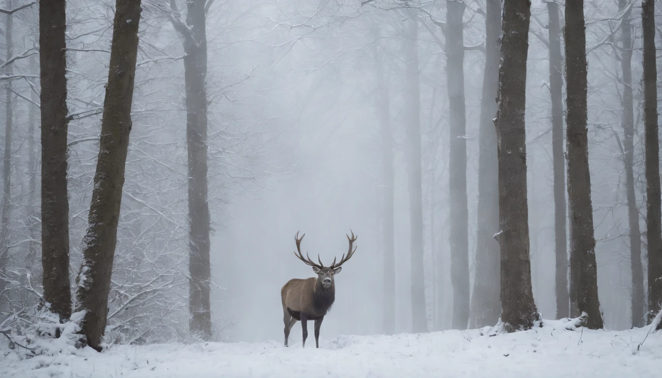 (an ancient, gothic, snowy medieval Hungarian forest),(great majestic stag emerges from the forest line),(night,cinematic,8k,scene from horror film),(eerie,gothic),(cinematic scene from film)