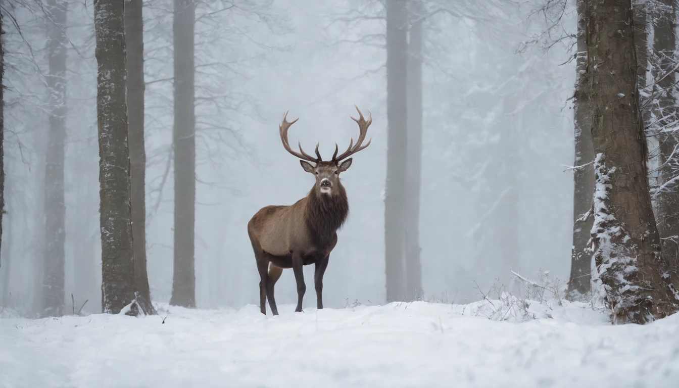 (an ancient, gothic, snowy medieval Hungarian forest),(great majestic stag emerges from the forest line),(night,cinematic,8k,scene from horror film),(eerie,gothic),(cinematic scene from film)