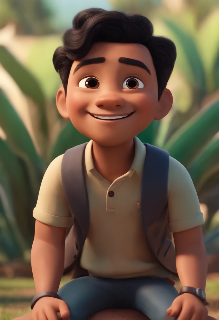 Image of a small man for a story in a YouTube video in Pixar format, com cabelo preto ondulado, slightly Asian eyes and big smile and failed beard, e pele clara