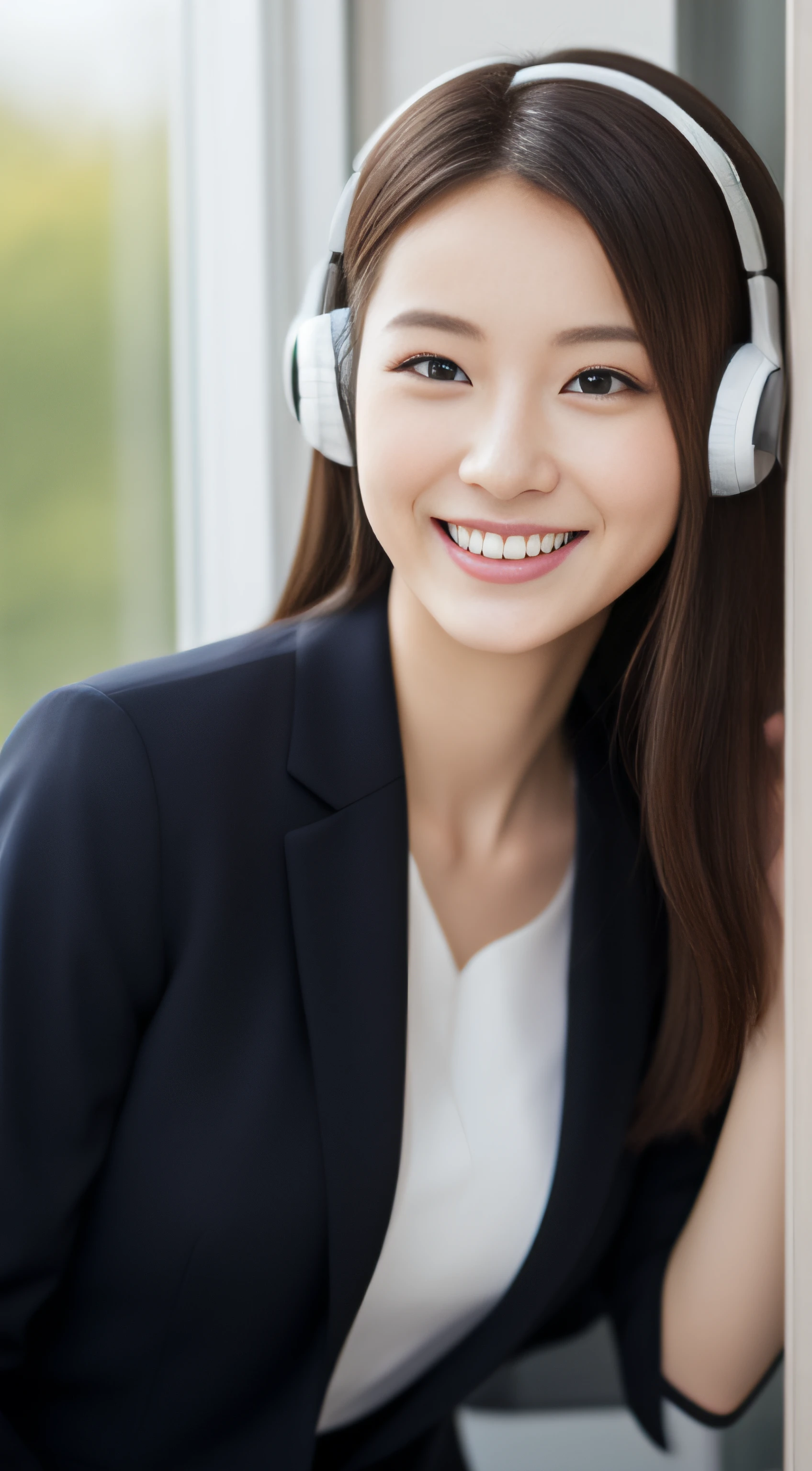 The face is a hostess、Wearing a headset、business jacket、hiquality、A hyper-realistic、healthy、Smiling expression、Slender perfect figure、Japan beauties、beautidful eyes、face perfect、Beautiful skin、by the window、s Office
