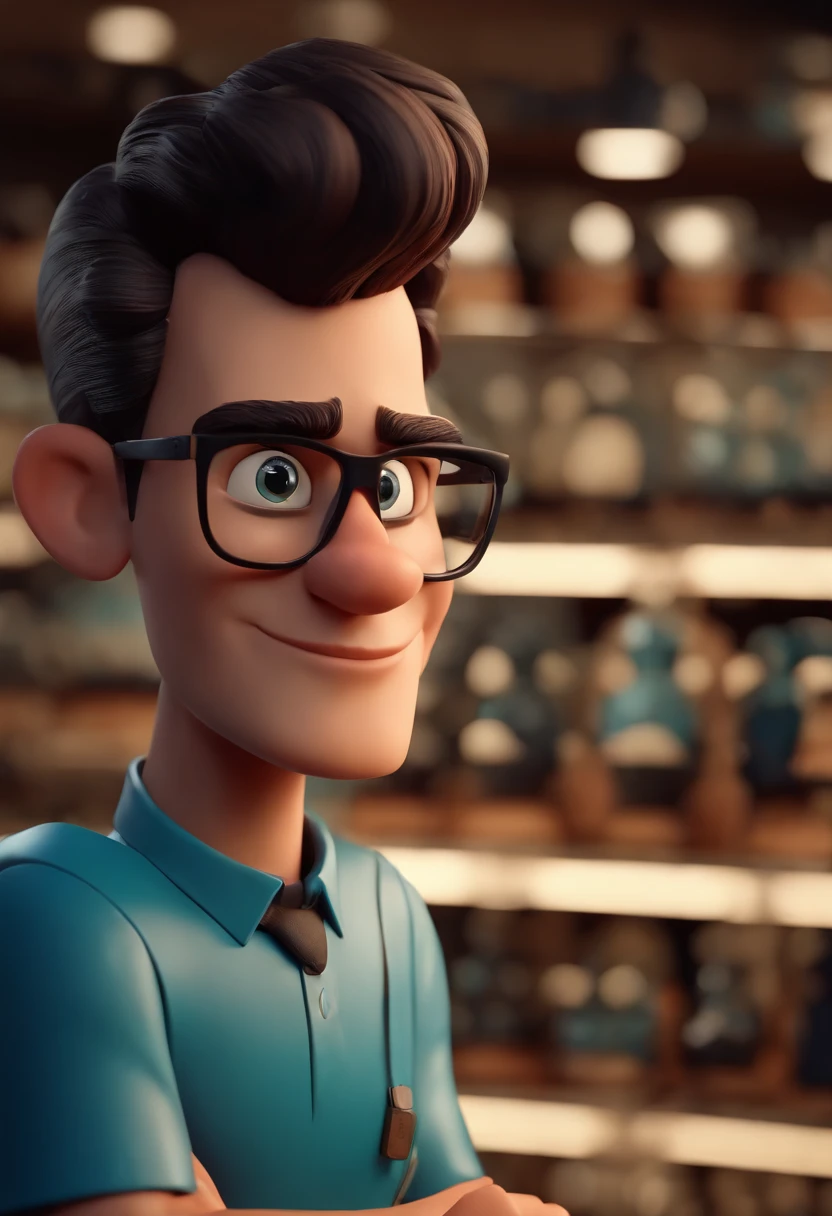 Cartoon character of a man with black glasses and a blue shirt, Working in eyeglass shop eyeglass frames with shelves with with glasses. animation character, Caractere estilizado, animation style rendering, 3D estilizado, Arnold Maya render, 3 d render stylized, toon render keyshot, Personagem 3D, Personagem 3D, 3d rendering stylized, 3 d character render, personagem de desenho animado, Personagem de close up, Pose de personagem,  (Estilo Pixar) (master part:1.2) (Bokeh) (best quality) (pele detalhada) (textura detalhada) (8k) (argila) (Cinematic lighting) (foco nítido