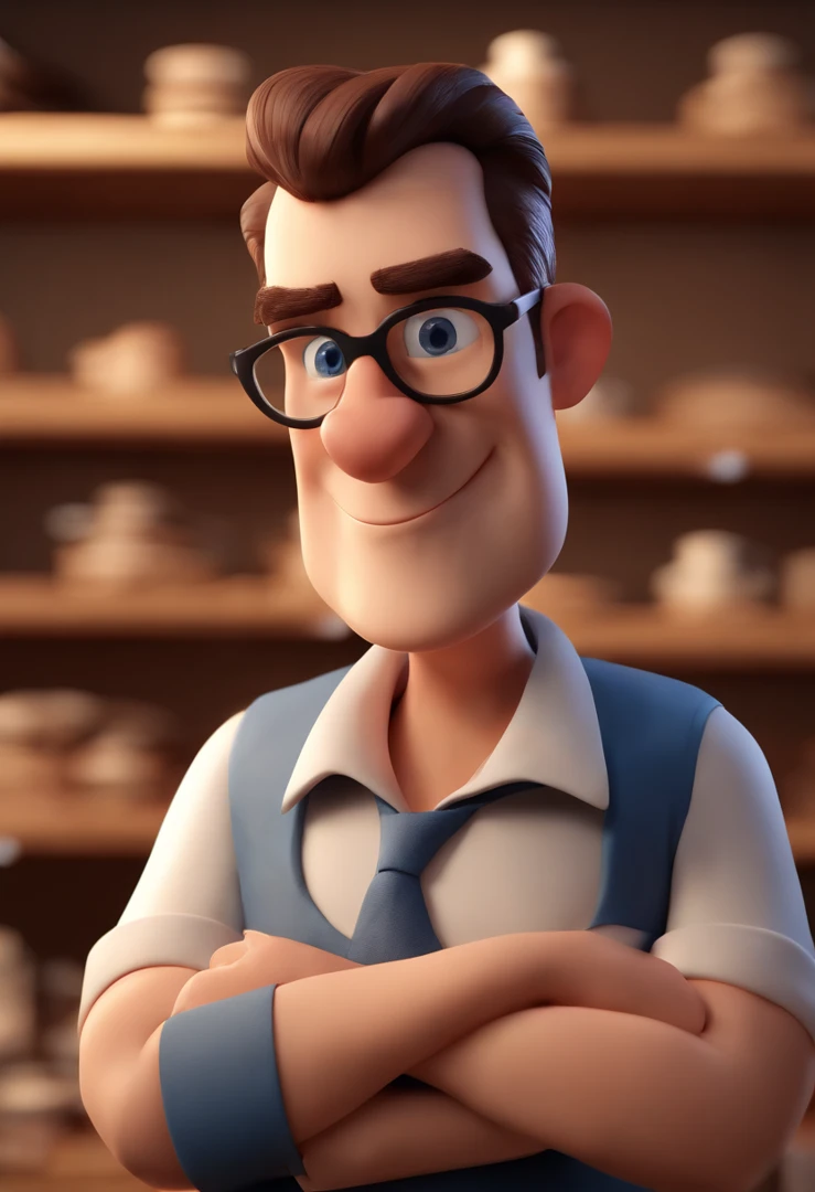 Cartoon character of a man with black glasses and a blue shirt, Working in eyeglass shop eyeglass frames with shelves with with glasses. animation character, Caractere estilizado, animation style rendering, 3D estilizado, Arnold Maya render, 3 d render stylized, toon render keyshot, Personagem 3D, Personagem 3D, 3d rendering stylized, 3 d character render, personagem de desenho animado, Personagem de close up, Pose de personagem, (Estilo Pixar) (master part:1.2) (Bokeh) (best quality) (pele detalhada) (textura detalhada) (8k) (argila) (Cinematic lighting) (foco nítido
