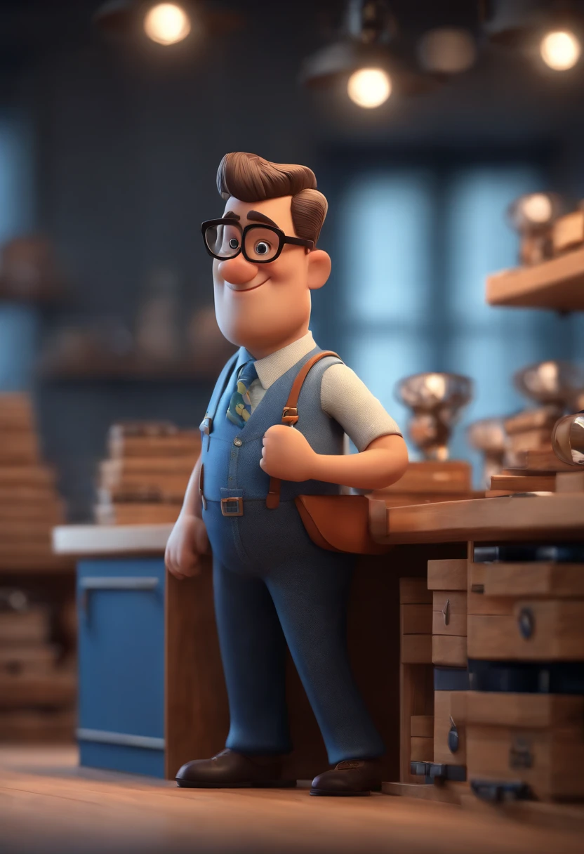 Cartoon character of a man with black glasses and a blue shirt, Working in eyeglass shop eyeglass frames with shelves with with glasses. animation character, Caractere estilizado, animation style rendering, 3D estilizado, Arnold Maya render, 3 d render stylized, toon render keyshot, Personagem 3D, Personagem 3D, 3d rendering stylized, 3 d character render, personagem de desenho animado, Personagem de close up, Pose de personagem, (Estilo Pixar) (master part:1.2) (Bokeh) (best quality) (pele detalhada) (textura detalhada) (8k) (argila) (Cinematic lighting) (foco nítido