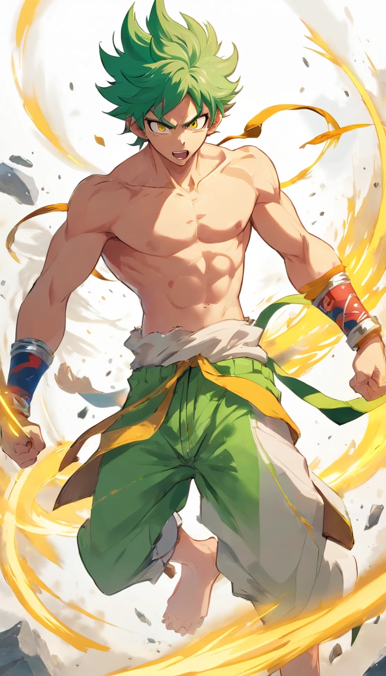 Wukong, full body, Green hair, of a shirtless, style of anime, Bright yellow skin, Super muscular, white background, punching, scream, erotic, ripped clothes