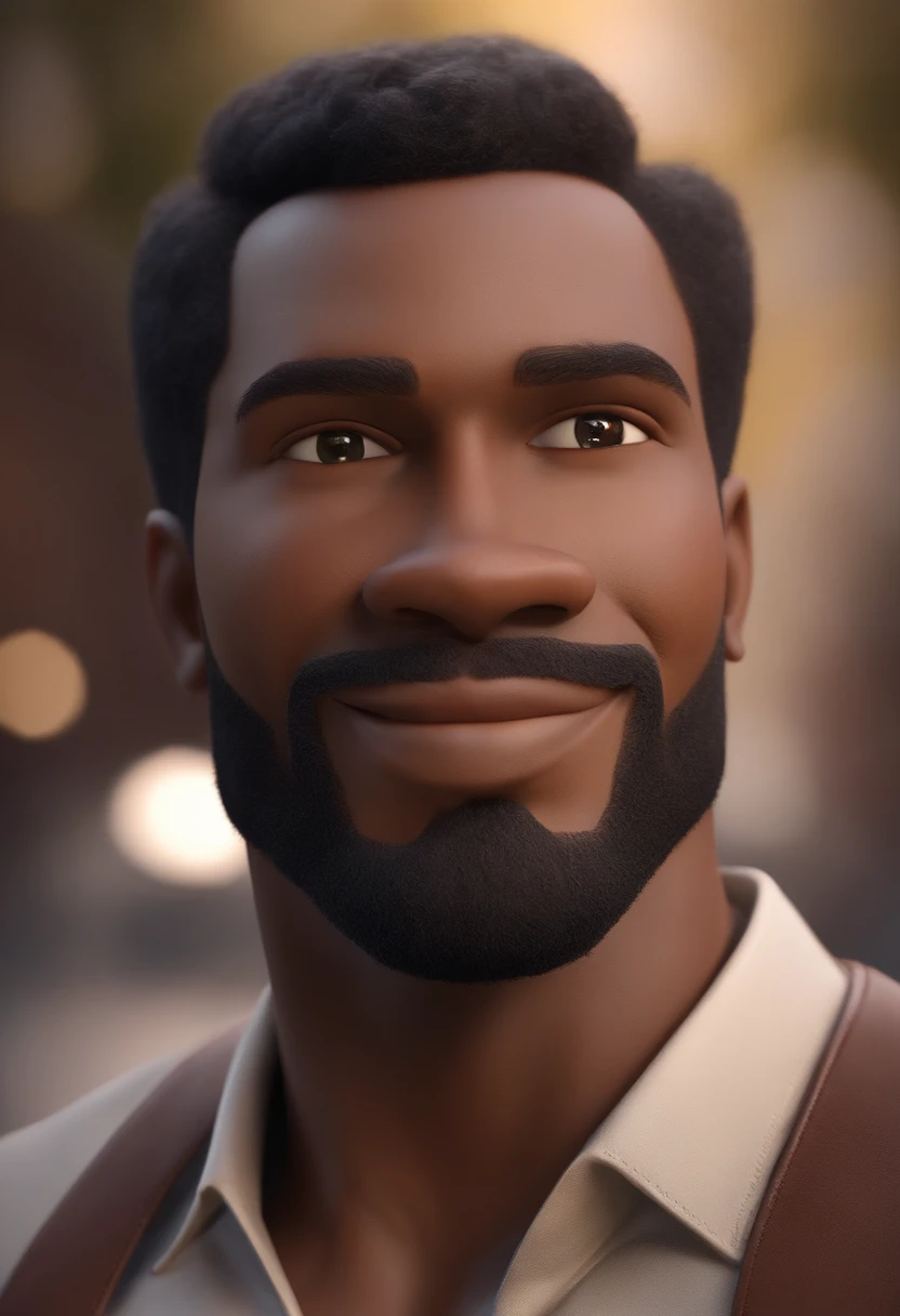 personagem dos desenhos animados de um homem feliz, Light Medium Black Man, cabelo raspado, pele moreno marrom, rosto arredondado, olhos marrons, barba pequena, olhos puxados, nariz pequeno, sobrancelha grossa, very thin lips, boca bem pequena, animation character, Caractere estilizado, animation style rendering, 3D estilizado, Arnold Maya render, 3 d render stylized, toon render keyshot, Personagem 3D, Personagem 3D, 3d rendering stylized, 3 d character render, personagem de desenho animado, Personagem de close up, Pose de personagem, (Estilo Pixar) (master part:1.2) (Bokeh) (best quality) (pele detalhada) (textura detalhada) (8k) (argila) (Cinematic lighting) (foco nítido