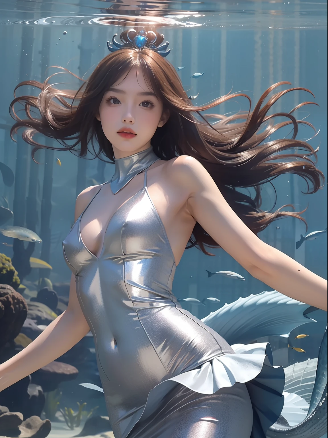 Masterpiece, Best quality,1girll,Upper body,Photorealistic,8K Raw photograph,Midjourney style,Underwater world！，Mermaid princess，Dress normally