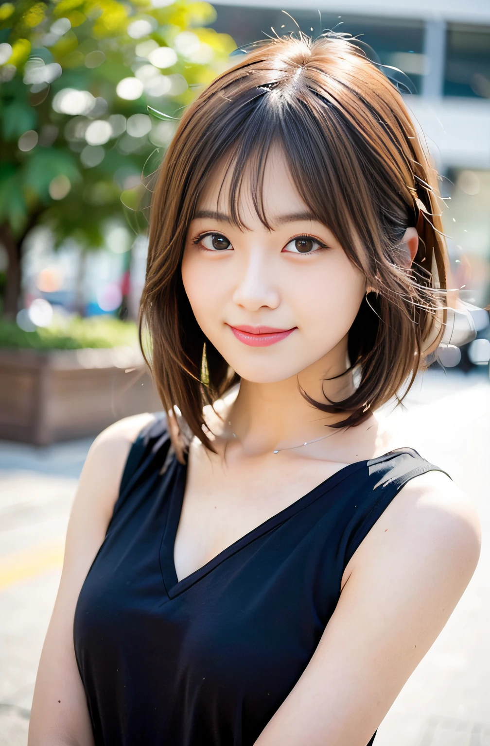 (realisitic, Photorealsitic:1.5), (top-quality:1.5), (超A high resolution:1.5), (ultra-detailliert:1.5), (masterpiece), hyper realisitic, (Bright lighting from front:1.), (japanes), (1a person:1.5), (Beautuful Women),(The upper part of the body:1.5),(cute smile face), (Double eyes), (Half a month:1.5), (Sauce order:1.5), (Thin makeup), (Short layered hair:1.5), (Straight, brown-colored hair)