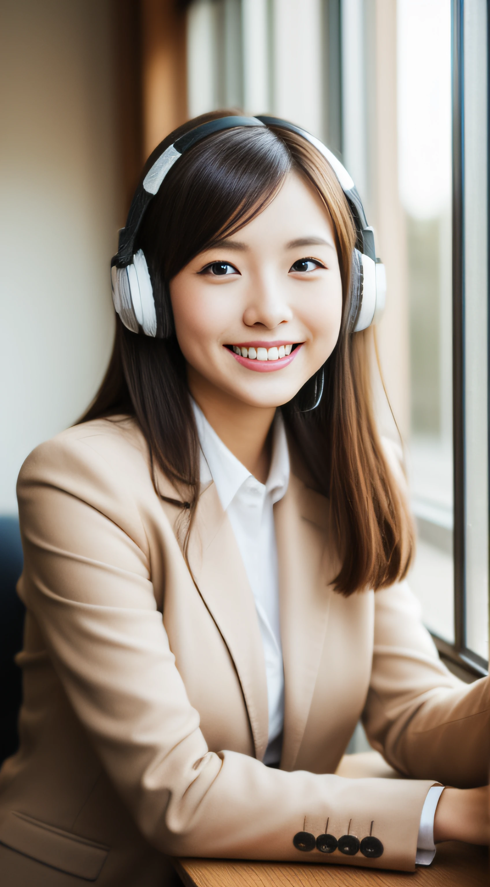 The face is a hostess、Wearing a headset、business jacket、hiquality、A hyper-realistic、healthy、Smiling expression、Slender perfect figure、Japan beauties、beautidful eyes、face perfect、Beautiful skin、by the window、desk