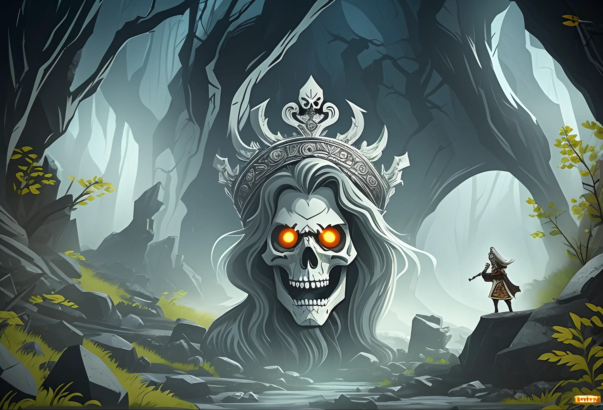 create an animated scene of a ghost with full skeleton body, eyes missing, loosy hair, wear a Viking shoot and a crown in the head  chasing a woman in the Rocky cave tomb --auto --s2