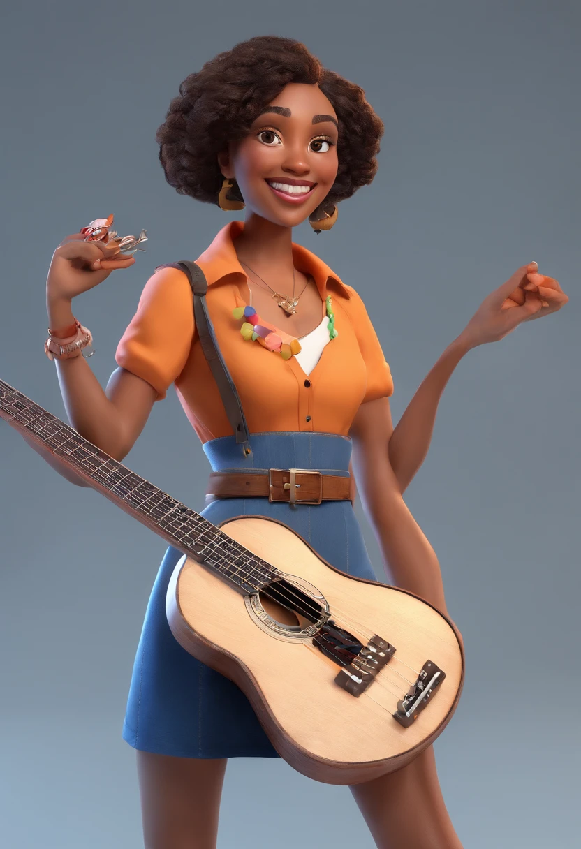There's a woman holding a guitar and smiling at the camera, holding a guitar, holding a lute, with a happy expression, masterful composition, cabelos curtos ondulados, Square glasses and brown skin, vestida de saia longa e blusa social preta, album cape!, esta cena de uma perspectiva emDesenvolva esta arte em Full HD, Focus on your cinematic touch, Estilo Disney Pixar Animations